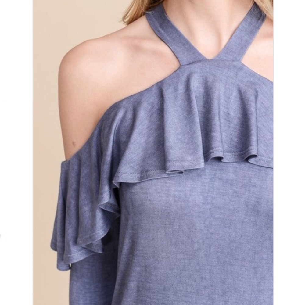 Indigo cold shoulder ruffle top - Picture 3 of 4